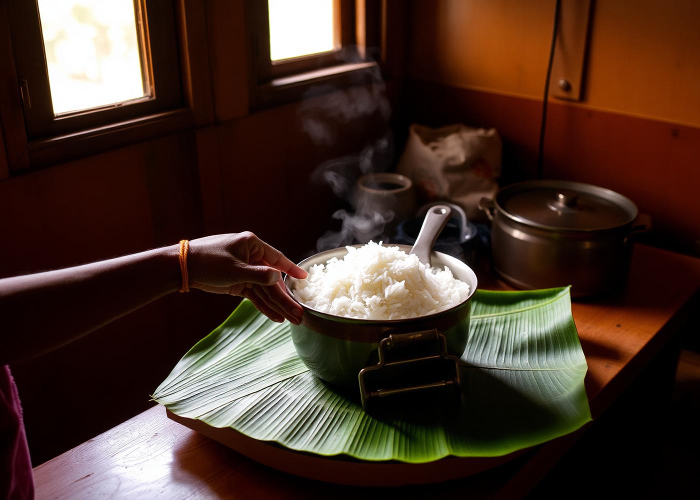 Home cook serving steaming rice from a traditional pot onto a banana leaf in a Kerala kitchen.