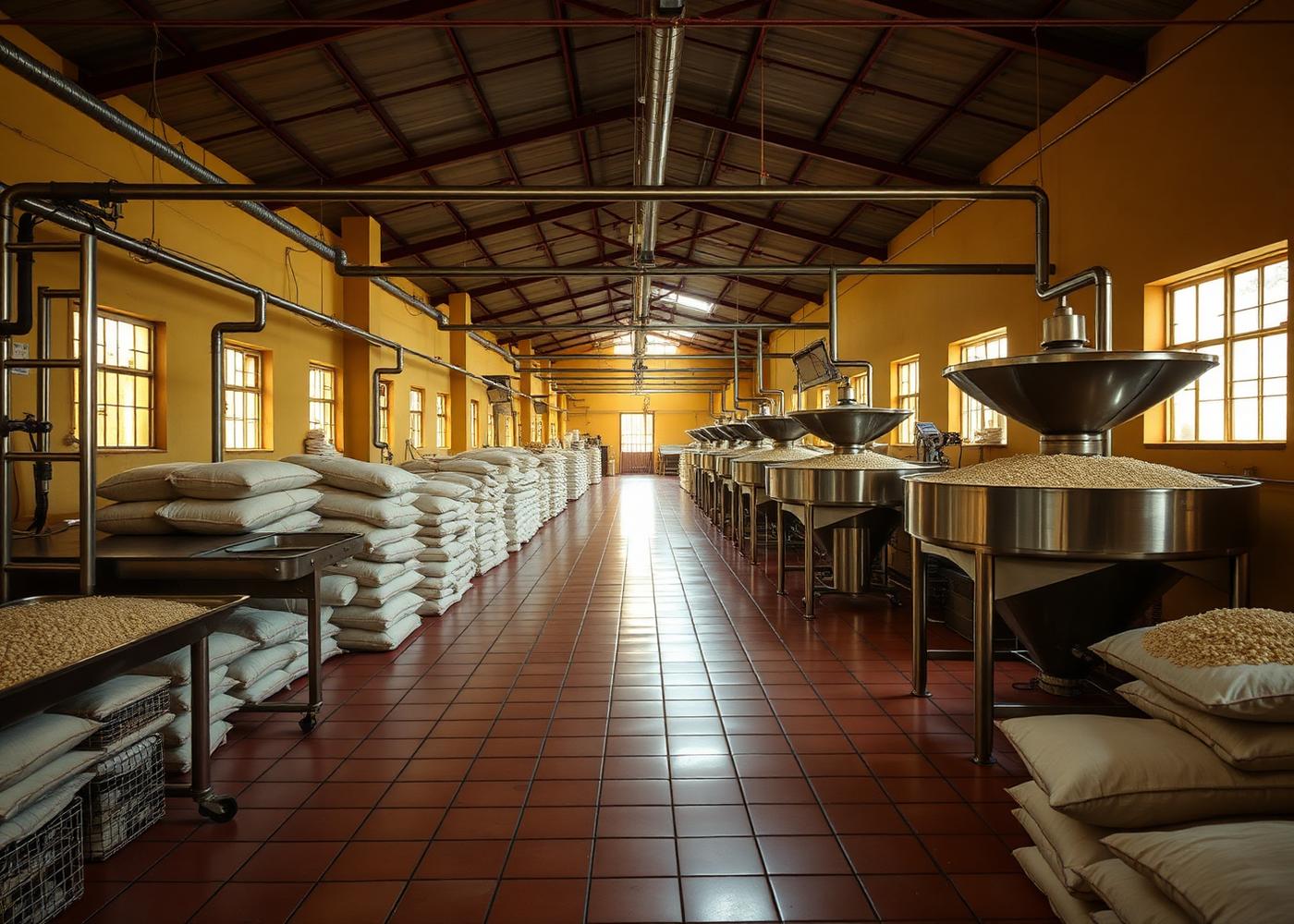 Organised rice manufacturing floor with stainless steel cleaning lines and stacked bags of milled rice.