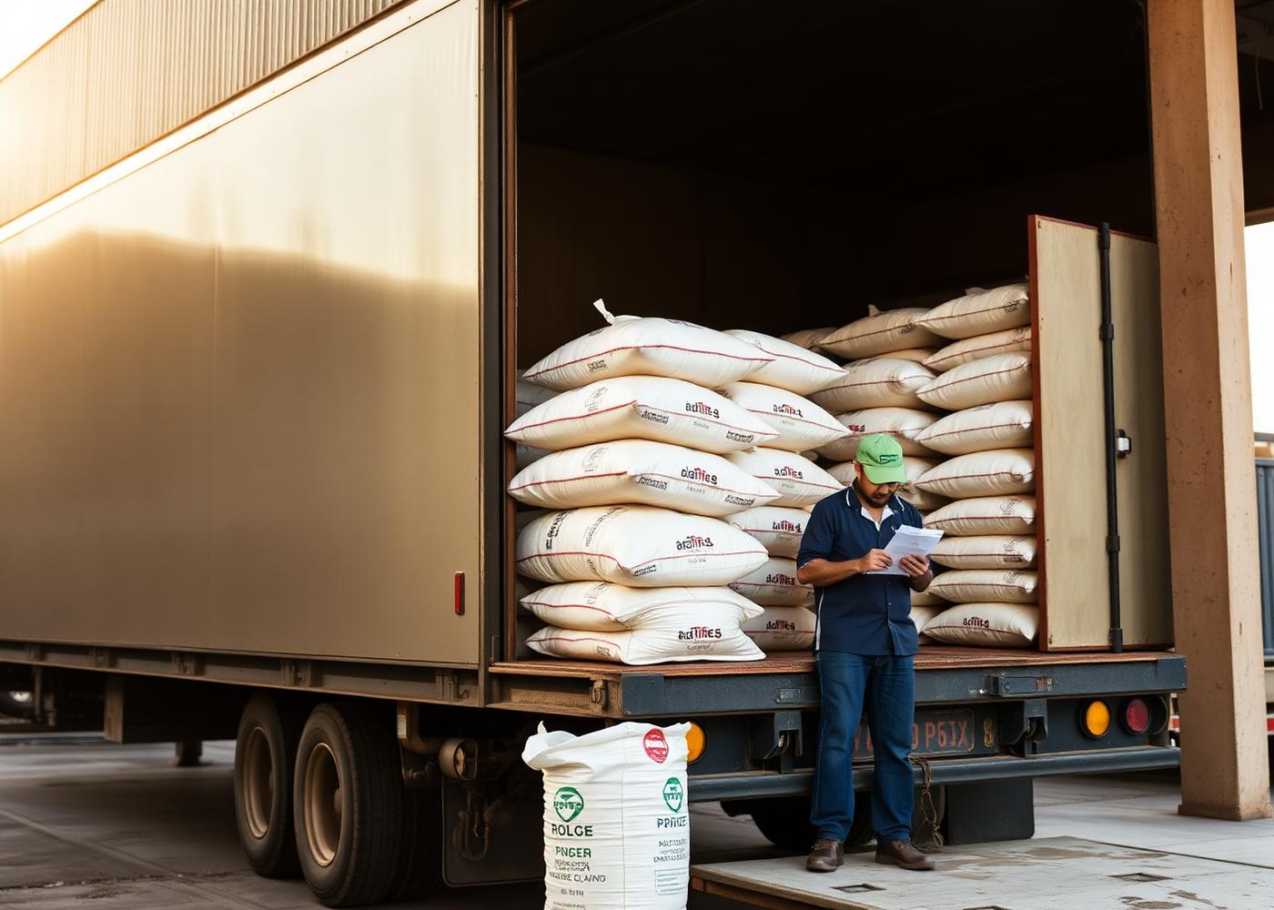 Packed rice bags being loaded onto a delivery truck at a mill loading bay in soft morning light.