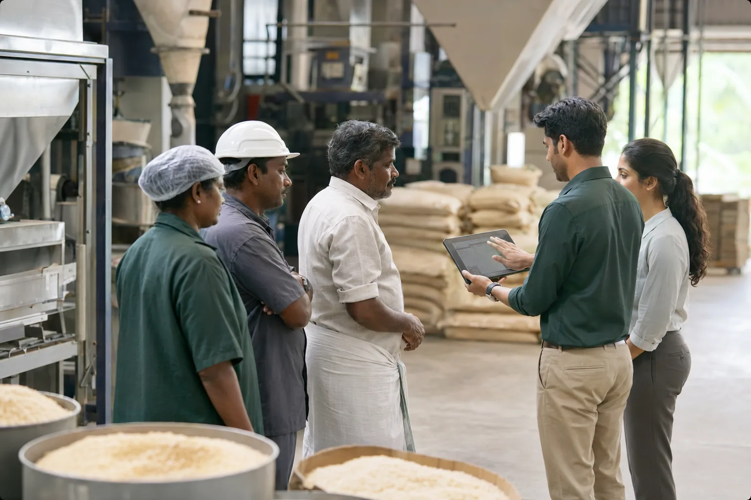 A cross-functional team collaborating inside a Kerala rice mill.