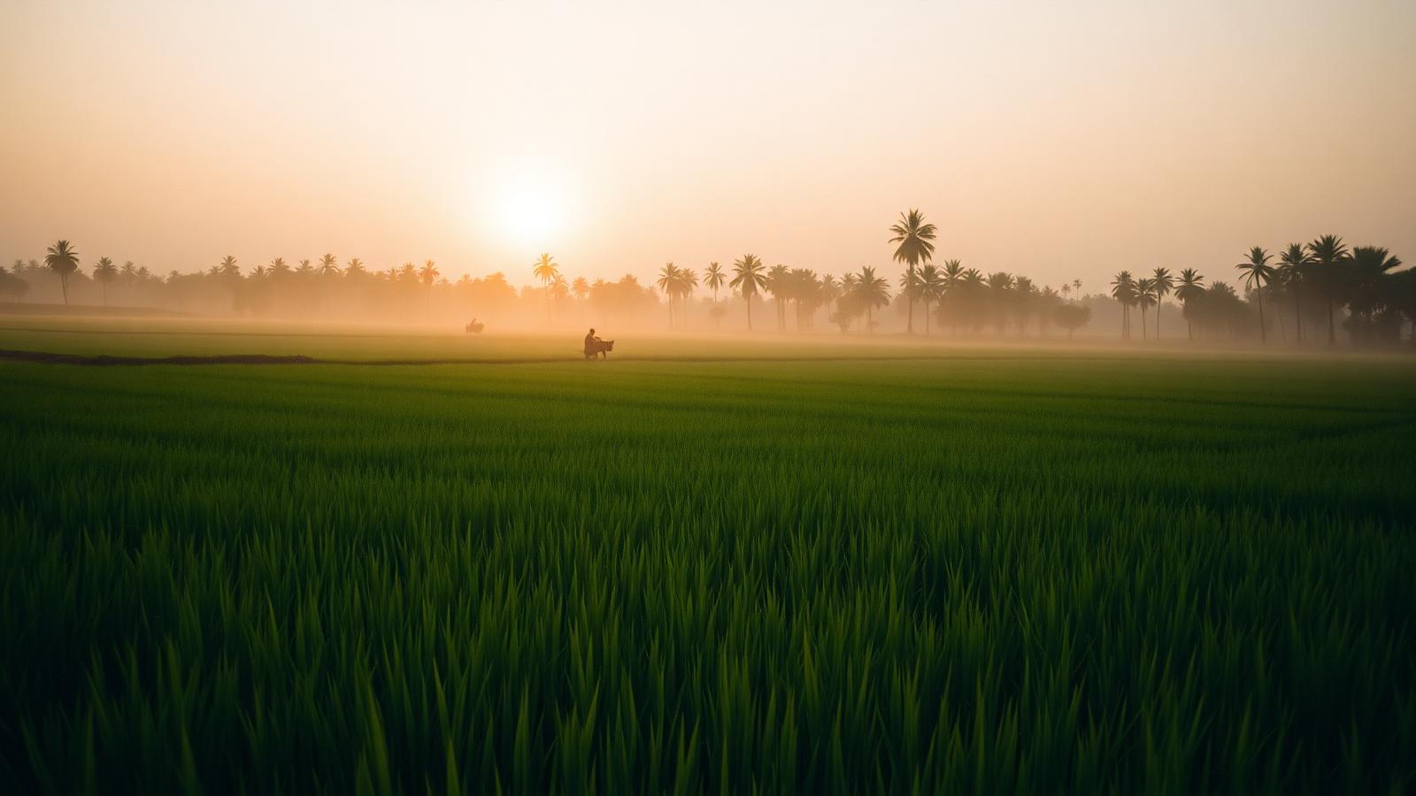 Kerala paddy fields at golden hour with palm trees on the horizon — the landscape at the heart of VMR Mills.
