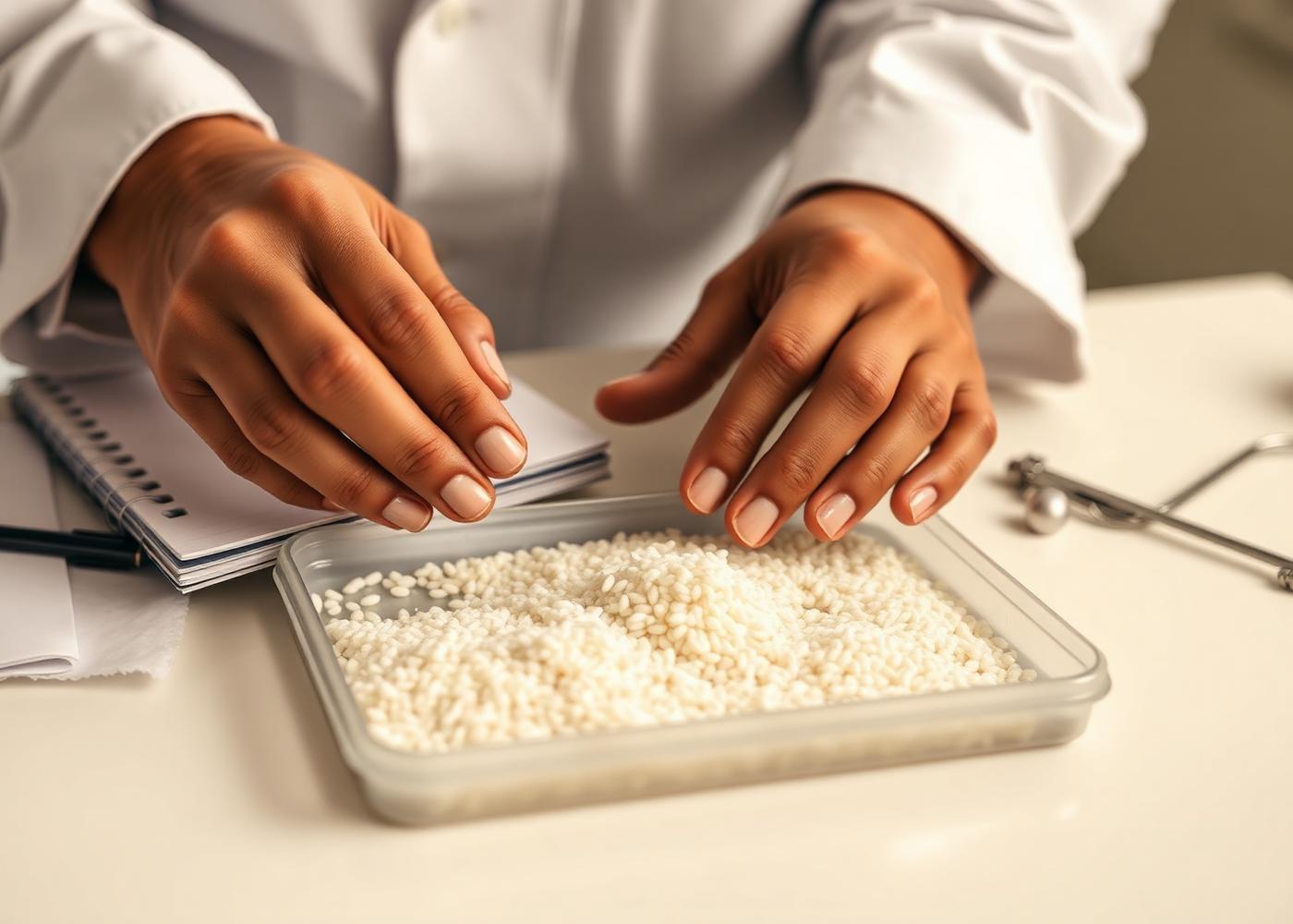 Quality inspector's hands examining a tray of white rice grains in a clean testing area.