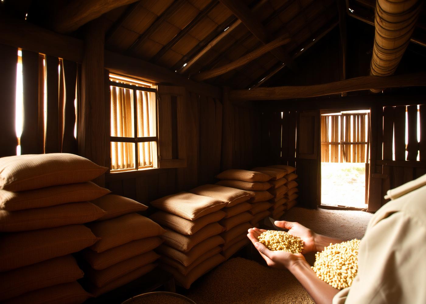 Interior of a traditional Kerala village paddy mill with jute rice sacks and warm daylight streaming through wooden slats.