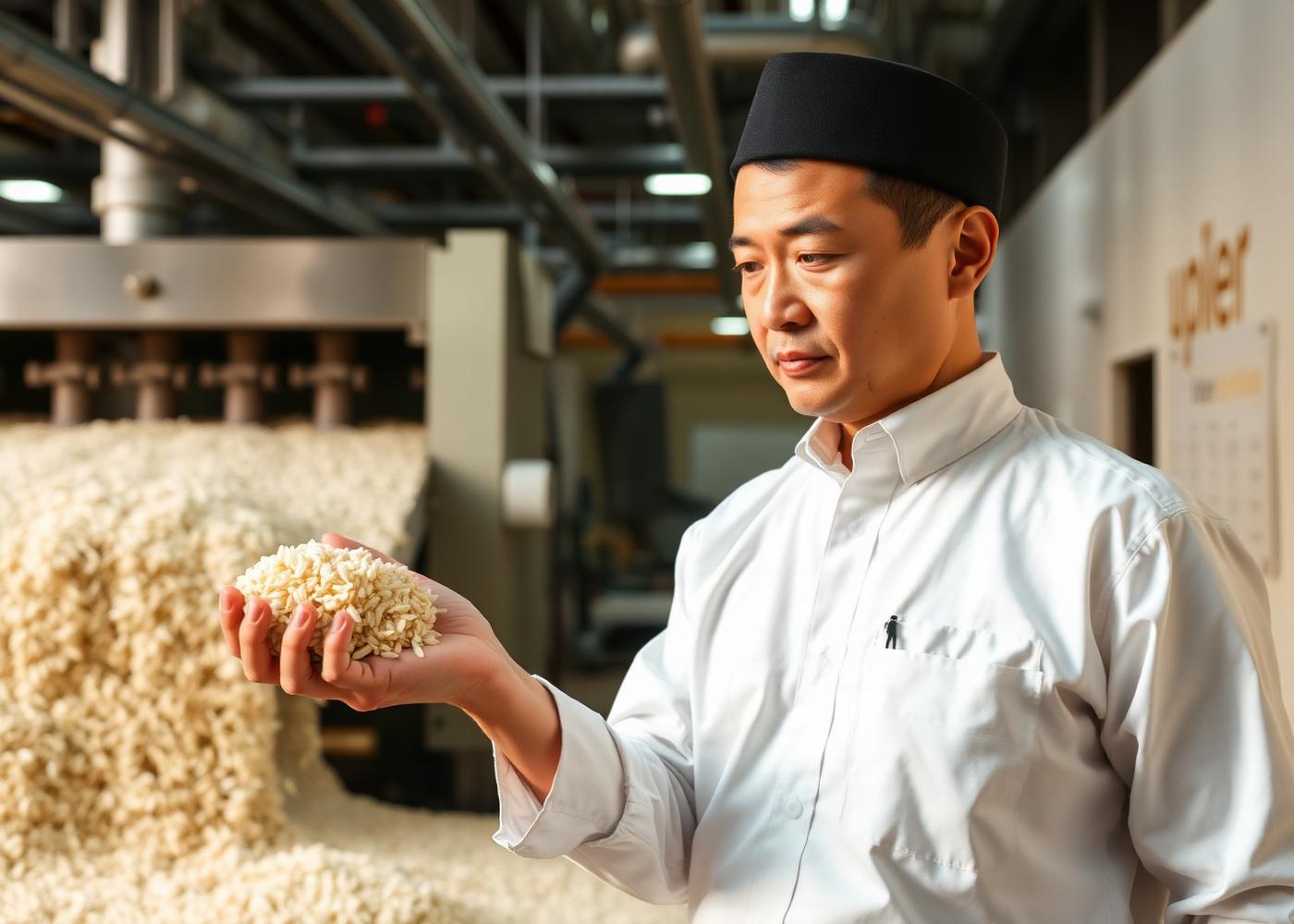 Experienced mill supervisor examining a handful of milled rice beside a running optical sorting line.
