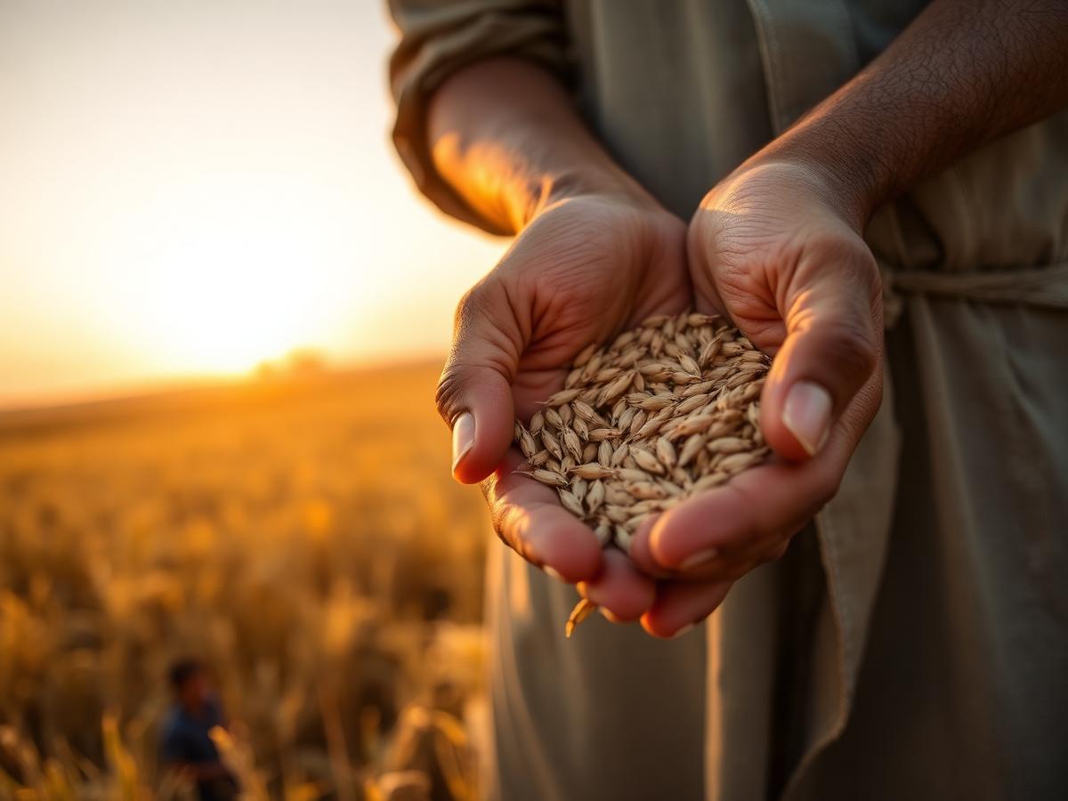 Farmer holding harvested grain